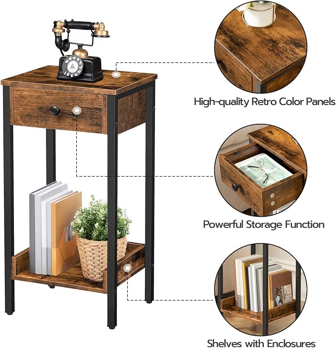 HOOBRO Tall End Table, Nightstand, Industrial Side Table with Drawer and Storage Shelf, for Study, Bedroom, Space Saving, Rustic Brown and Black BF71BZ01