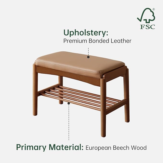 Solid Wood Shoe Bench (Assembled), 600lb Weight Capacity, Durable Cloud-Soft Leather Upholstered Entryway Bench for Entryway, Hallway, Living Room, Bedroom,11.8"x23.6"x16.5", Walnut