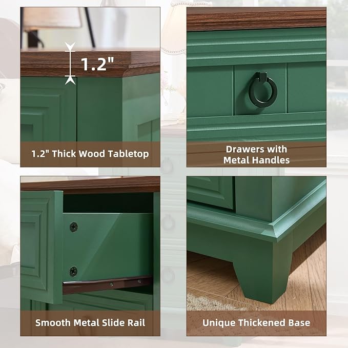 Joaxswe Farmhouse Night Stand Set of 2, 18" End Table with 3 Drawer Metal Handle, Sofa Bed Side Table Chest of Drawers,Wood Nightstand Cabinet for Organizer, Living Room-Green