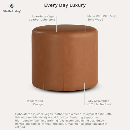 Lifestyle Solutions 19” Wentworth Ottoman Round Faux Leather Bench, Stationary Ottomans, Backless Chair, Footrest for Living Room, Footstool Office, Bedroom, Padded Seat, Caramel Brown