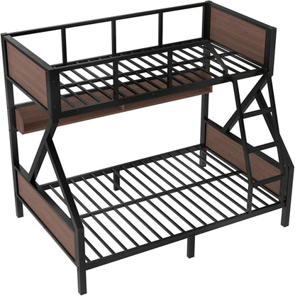 KEIKI Twin Over Full Bunk Bed, Heavy Duty Metal Bunkbed with Storage Shelves, Lights, Bottom Space & Guardrail for Aldults Dorm Bedroom Guest Room, No Box Spring Needed, Noise-Free Design