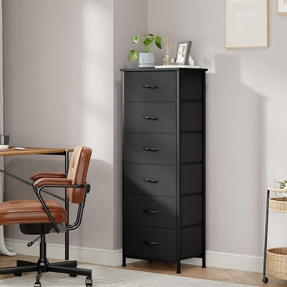 Somdot Tall Dresser for Bedroom with 6 Drawers, Storage Organizer Chest of Drawers with Removable Fabric Bins for Closet Bedside Living Room Laundry Entryway Hallway, Black
