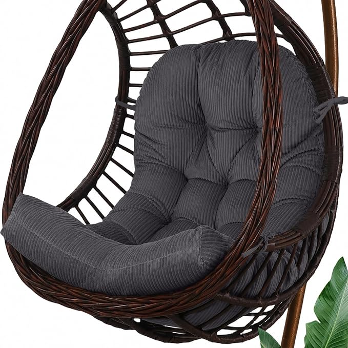 idee-home Egg Chair Cushion Replacement, Tufted Hanging Egg Chair Cushions with Corduroy Cover, Oversized Wicker Swing Cushion for Indoor Hammock Basket Chair, Grey (Chair Not Included), 48x32 Inch