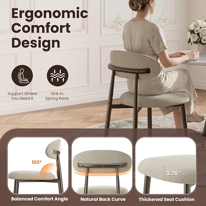 MALOL Dining Chairs Set of 6, Upholstered Kitchen & Dining Room Chairs with Curved Back and Bronze Metal Legs, Comfortable Modern Dining Side Chairs for Dining Room, Kitchen, Camel
