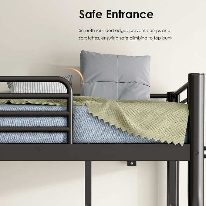 SogeSleep Bunk Beds Twin Over Full Size, More Sturdy Heavy Duty Metal Bunk Bed with Angled Ladder for Teens and Adults, Used for Spaces-Saving, Apartment or Dorm, Noise Free & Easy Assembly, Black