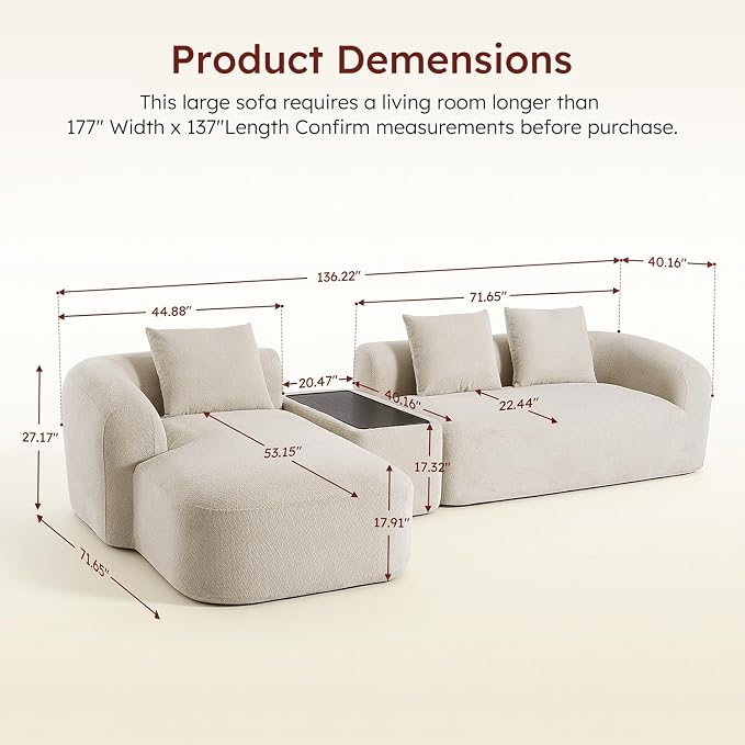 Relefree Curved Sectional Sofa, 136" Chenille Curved Couch with Movable Coffee Table, Couches with High-Resilience Foam, Boneless Sofa for Living Room, Oversized, Cloud Comfort, Thick Backrest White