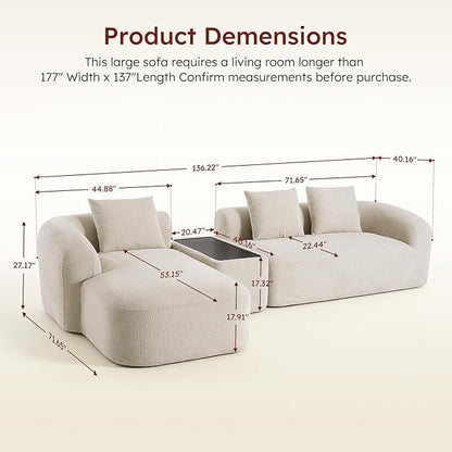 Relefree Curved Sectional Sofa, 136" Chenille Curved Couch with Movable Coffee Table, Couches with High-Resilience Foam, Boneless Sofa for Living Room, Oversized, Cloud Comfort, Thick Backrest White