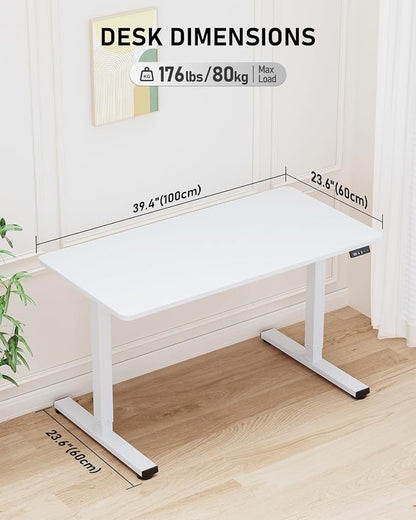 40" Electric Standing Desk Adjustable Height, Sit Stand up Desk for Home Office & Computer Workstation, 2 Memory Height Settings, Splice Board, 2 Hooks, White Frame/White Top