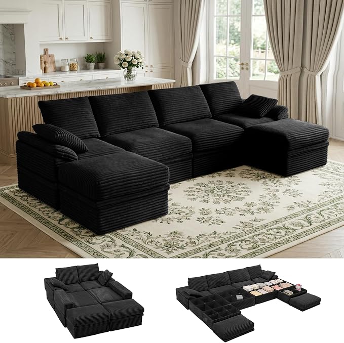 142" Modular U-Shaped Sectional Sofa with Storage, 4-Seat Corduroy Boneless Couch, 27" Deep Seat Cloud Couch & 2 Movable Ottoman, Tool-Free Assembly, Couch for Living Room, Black