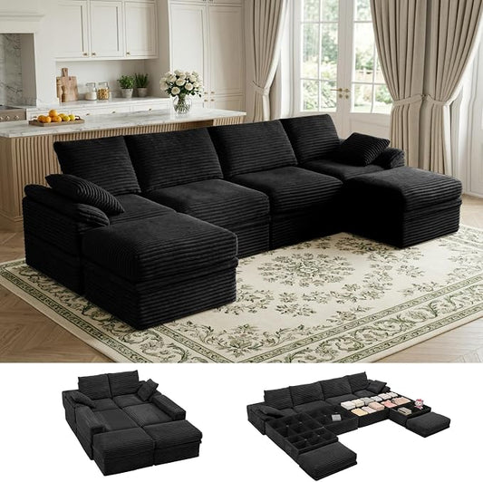 142" Modular U-Shaped Sectional Sofa with Storage, 4-Seat Corduroy Boneless Couch, 27" Deep Seat Cloud Couch & 2 Movable Ottoman, Tool-Free Assembly, Couch for Living Room, Black