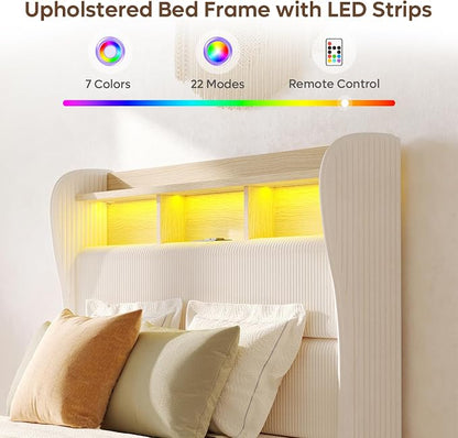 Bestier Queen Size Upholstered Wingback Bed Frame with 51” High Headboard Corduroy Fabric RGB LED Lights, Charging Station Dual Storage Shelves Modern Off White Platform Bed No Box Spring Needed