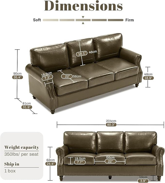 Kingfun Mid-Century Modern Couch, Faux Leather Sofa, 3 Seater Couch for Living Room with Rolled arms & Nailhead Trim, Olive Green