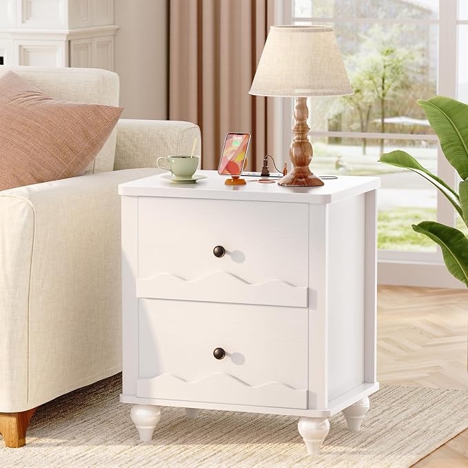 Cyclysio White Nightstand with Charging Station, Scalloped Bedside Table with 2 Smooth Drawers, Modern End Table with Solid Wood Legs for Bedroom and Small Spaces