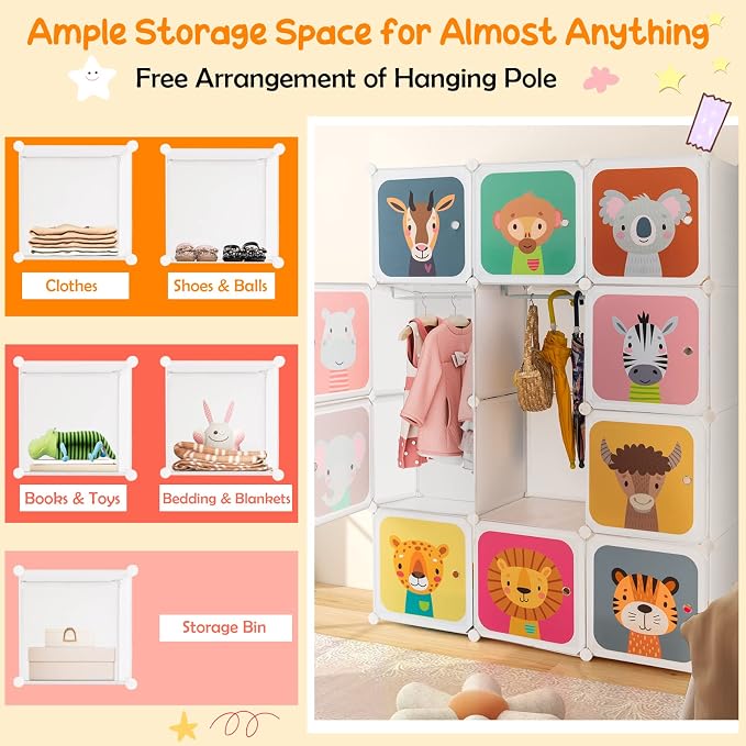 HONEY JOY Kids Wardrobe Closet, Baby Cartoon Clothes Storage Organizer, 12 Cubes & 2 Hanging Sections, Portable Children DIY Modular Bedroom Armoire Dresser Cabinet for Boys Girls (White)