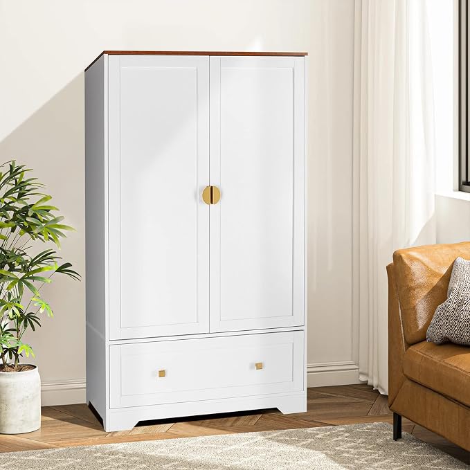 VINGLI 38" Wide Wardrobe Closet, White Armoire Wardrobe with Hanging Rod, Shelves and Drawer, Freestanding Closet Armoire Cabinet,Armoires and Wardrobes with Doors for Bedroom,Dorm,21"D x 38"W x 65"H