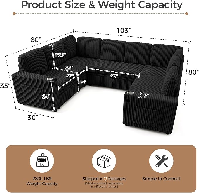 Sectional Sleeper Sofa with Pull Out Bed, 8 Seats U Shaped Modular Sectional Sofa with Storage, USB Ports, Cup Holders, Plush Corduroy Cloud Sectional Couches for Living Room, Black
