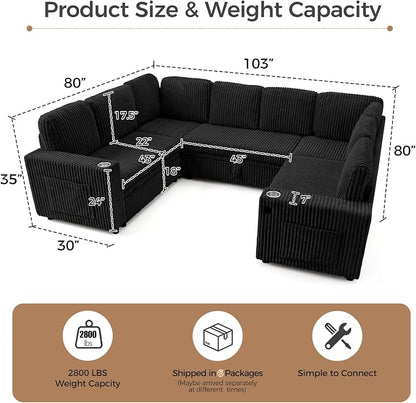 Sectional Sleeper Sofa with Pull Out Bed, 8 Seats U Shaped Modular Sectional Sofa with Storage, USB Ports, Cup Holders, Plush Corduroy Cloud Sectional Couches for Living Room, Black