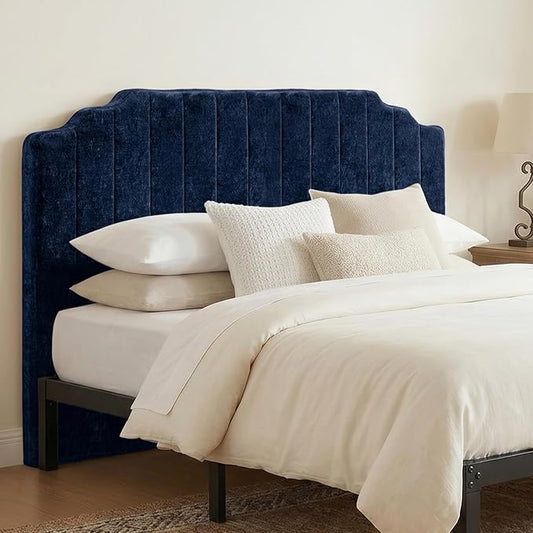 King Headboard Only - Blue Velvet Upholstered Headboard for Bed, No Assembly Required, Pure Sponge Design, Comfort Head Board, Place Between Bed & Wall, Vertical Stripe with Stepped Crown Top Edge