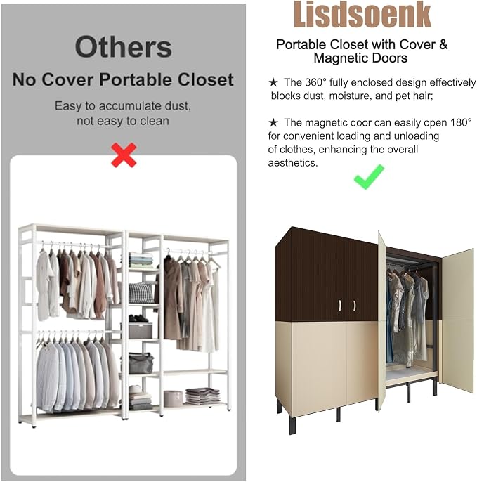 Heavy Duty Clothes Rack with Cover & Magnetic Doors, 1500lb Portable Wardrobe Closet - Foldable Garment Rack for Bedroom, Large Storage for Hanginng Dresses Jackets (Brown, 70.8IN)