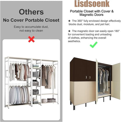 Heavy Duty Clothes Rack with Cover & Magnetic Doors, 1500lb Portable Wardrobe Closet - Foldable Garment Rack for Bedroom, Large Storage for Hanginng Dresses Jackets (Brown, 70.8IN)