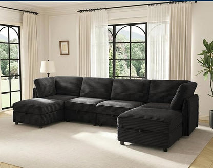 KKL Modular Sectional Sofa U-Shaped 6 Seater Couch with Storage Ottoman, Convertible L-Shaped Plush Wide-Wale Corduroy Couch for Living Room, Apartment, Modern Design, Black