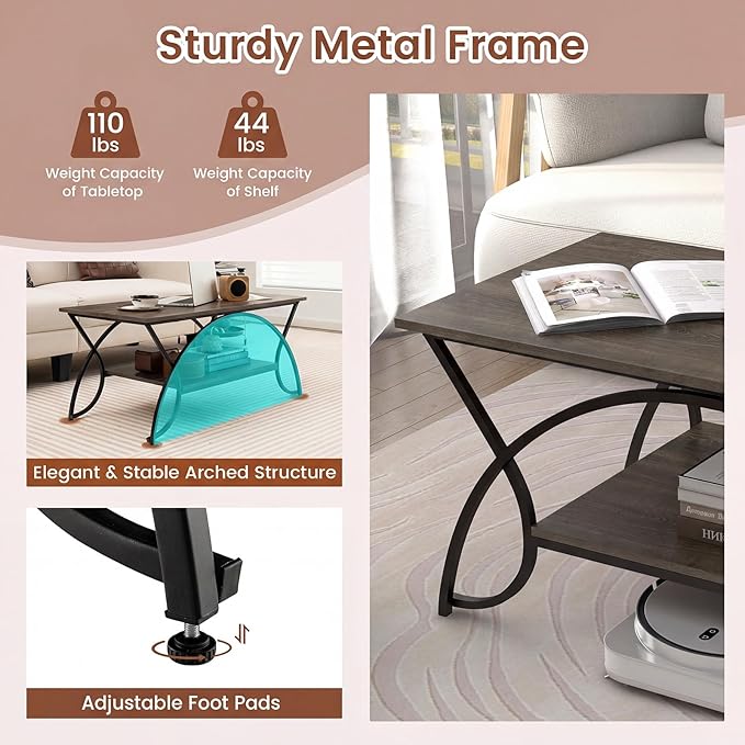 Giantex 2-Tier Coffee Table with Storage, 39.5" Wood Center Table with Open Storage Shelf & Black Finished Metal Frame, Industrial Living Room Table for Small Spaces (Grey Oak)