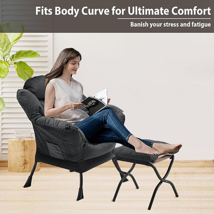 Youtanic Lazy Chair with Folding Ottoman, Accent Chair Velvet Upholstered with Metal Structure and Non-Slip Pads, Sofa Armchair with Footrest and Side Storage Bag for Dorm, Office, Charcoal