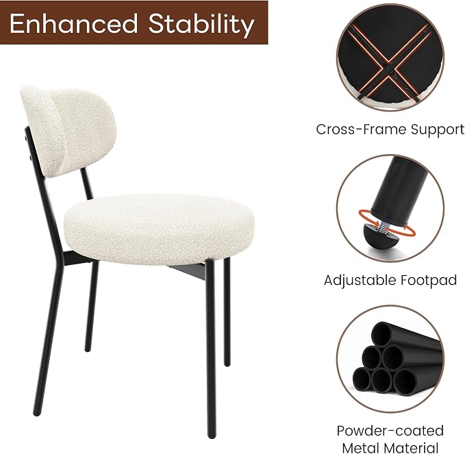 KROFEM Set of 4 Boucle Fabric Dining Chairs,White | Mid-Century Style Comfort Sponge Filled Seat Back Dining Room Chairs for Kitchen Dining Table