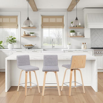 Vienna Modern Counter Height Swivel Bar Stool with Grey Upholstered Seat and Patterned Oak Wood Frame Set of 3