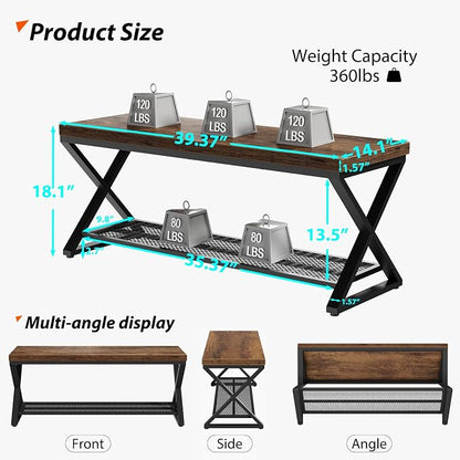 LVB Rustic Entryway Bench with Shoe Storage, Wooden and Metal Shoe Bench with Seating, Industrial Indoor Bench for Living Room Bedroom, Shoe Rack Bench for Foyer Hallway Entrance, Rustic Brown, 39 in