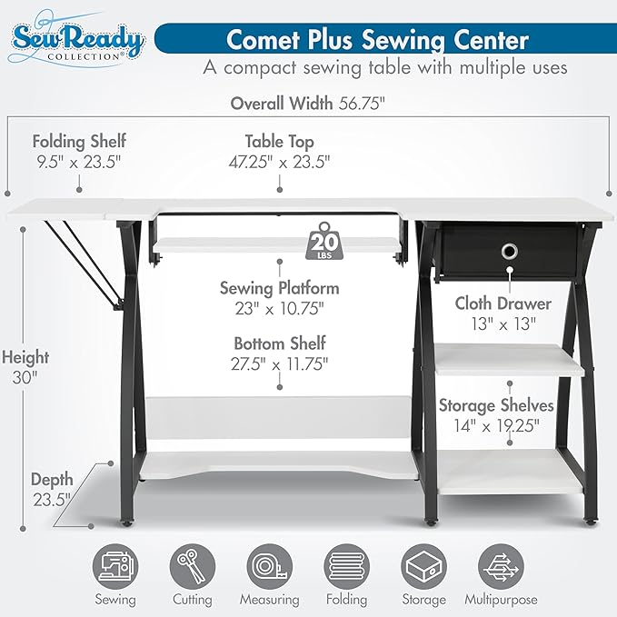 Sew Ready Comet Plus Hobby Sewing Table, 45.5 x 23.5" Overall Platform Size w/ Large Lower Storage Drawer, 2 Side Shelves & Cloth Drawer, Black/White