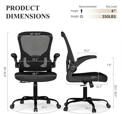 Flysky Mesh Office Chair, Ergonomic Computer Desk Chairs for Home Office - with Comfy/Comfortable Flip-up Arm Rests, Lumbar Support, Height Adjustable, 360 Degree Rolling Swivel (Black, 4 Pack)