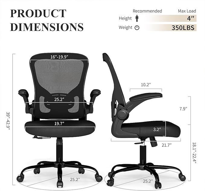 Flysky Mesh Office Chair, Ergonomic Computer Desk Chairs for Home Office - with Comfy/Comfortable Flip-up Arm Rests, Lumbar Support, Height Adjustable, 360 Degree Rolling Swivel (Black, 2 Pack)
