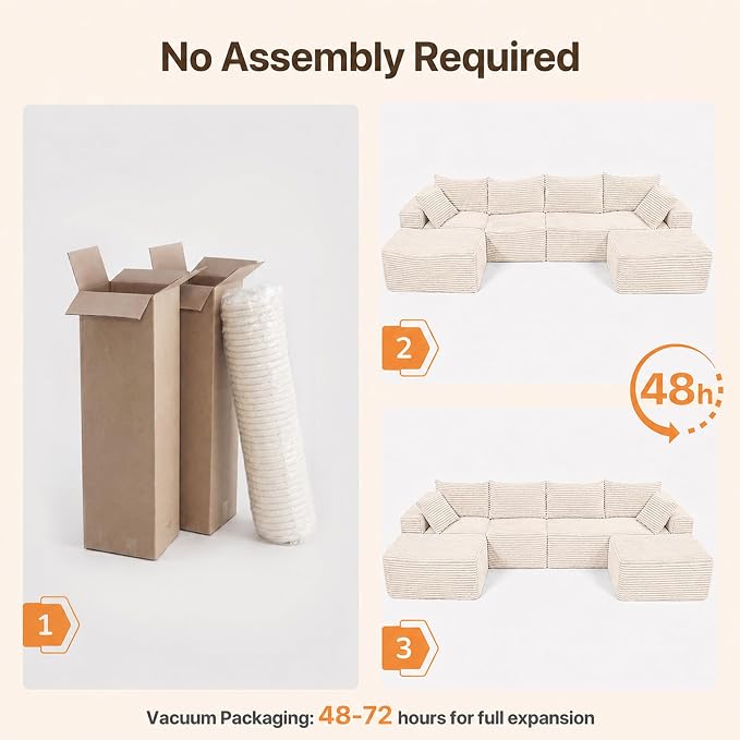 Claiks 120" Boneless Couch, Cloud Couch Sectional, U-Shape Corduroy Modular Sectional Sofa Deep Seat, Upholstered Couches for Living Room, No Assembly Required, Beige