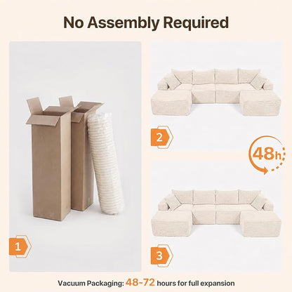 Claiks 120" Boneless Couch, Cloud Couch Sectional, U-Shape Corduroy Modular Sectional Sofa Deep Seat, Upholstered Couches for Living Room, No Assembly Required, Beige