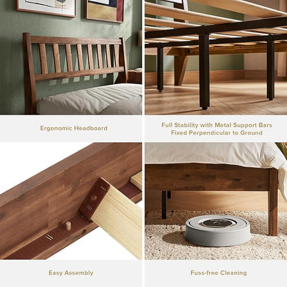 mopio Ted Bed Frame with Headboard, Mid Century Modern Acacia Solid Wood Platform Bed Frame, Wooden Slats, No Box Spring, Double Metal Bar Support (Solid Wood, Queen (U.S. Standard))