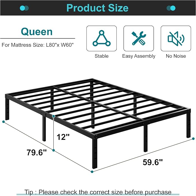 Maenizi 12 Inch Bed Frame Queen Size No Box Spring Needed, Heavy Duty Queen Platform Metal Bed Frame Support Up to 3000 lbs, Easy Assembly, Noise Free, Black