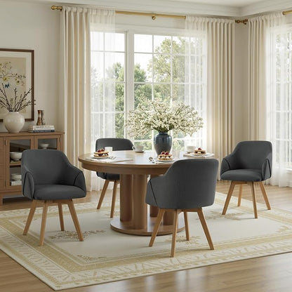 Swivel Dining Chairs Set of 4, Mid Century Modern Dining Chairs with Arms, Linen Fabric Upholstered Kitchen Dining Room Chairs with Solid Wood Legs for Living Room,360°Swivel Accent Desk Chair, Grey