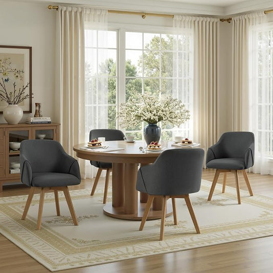 Swivel Dining Chairs Set of 4, Mid Century Modern Dining Chairs with Arms, Linen Fabric Upholstered Kitchen Dining Room Chairs with Solid Wood Legs for Living Room,360°Swivel Accent Desk Chair, Grey