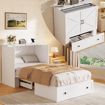 LIVAUVEAD Murphy Bed with Built-in Charging Station, Space-Saving Murphy Bed Chest Twin with Drawer, Foldable, for Home Office Guest Room Bedroom White