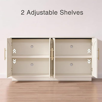 Fatmok 59" Sideboard Buffet Cabinet & TV Stand Set of 2, Modern Arched Credenza with Adjustable Shelves and Long Metal Handles, Wood Console Coffee Bar Storage for Living Room, Beige(Not White)