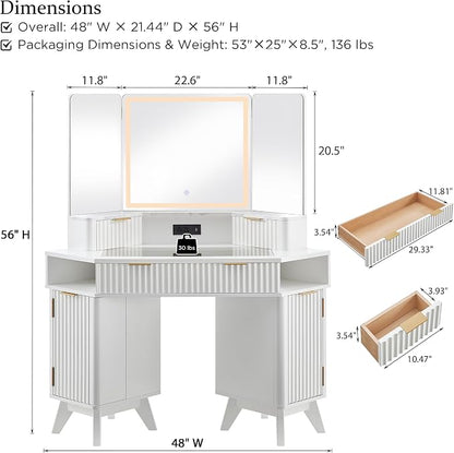 T4TREAM Fluted Makeup Vanity Desk with 3 Way Mirror and Lights, 48" Large Corner Vanity Table with Glass Top, Charging Station, 3 Drawers, Storage Cabinets & Shelves, for Bedroom, Solid White