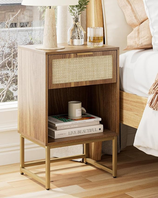Masupu Rattan Nightstand,Modern Night Stand Boho Farmhouse Wood Bedside Table with Storage Drawer Side End Table for Bedroom, Office,Walnut Brown