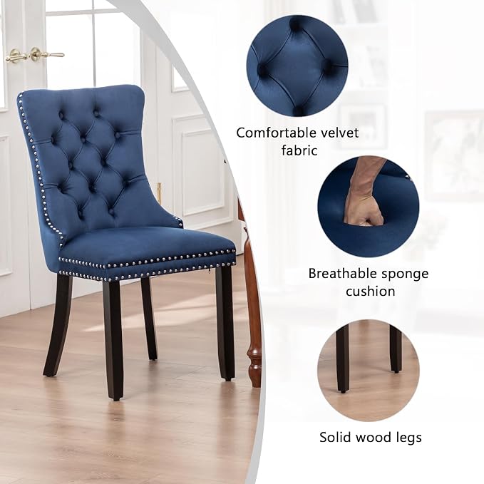 Hixkol Velvet Dining Chairs Set of 2,Upholstered Dining Chairs with Ring Pull Trim and Button Back,Modern Seating for Kitchen, Bedroom & Living Room(Blue)