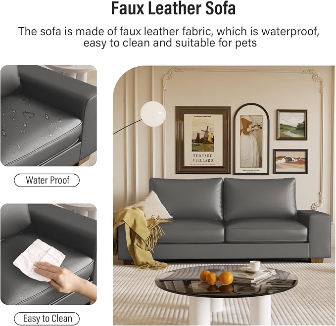 Valthie Faux Leather Couch, Mid Century Modern Comfy Loveseat Sofa with Wide Arm, Side Pockets, Solid Wooden Frame for Office, Living Room and Bedroom, 3 Seater (Gery, 88.58 inches)