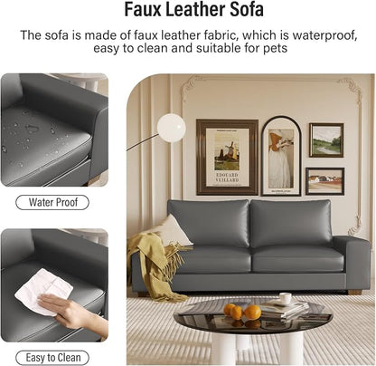 Valthie Faux Leather Couch, Mid Century Modern Comfy Loveseat Sofa with Wide Arm, Side Pockets, Solid Wooden Frame for Office, Living Room and Bedroom, 2 Seater (Gery, 71.25 Inches)