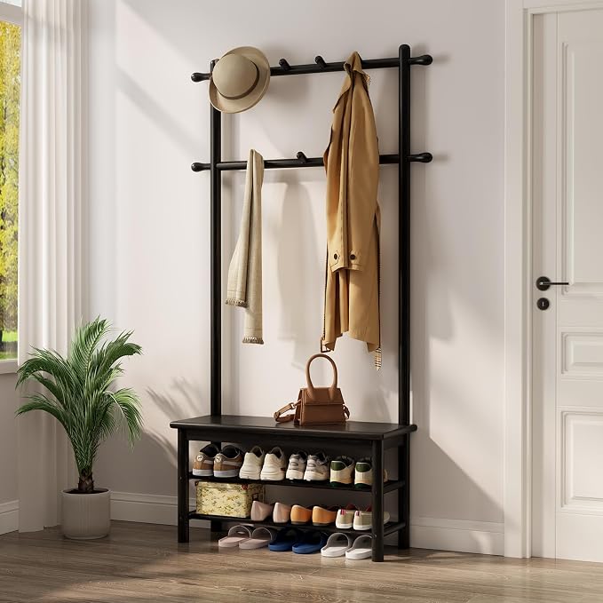 AQIMUELE Coat Rack with Shoe Storage, Wooden Hall Tree with Bench, 11 Hooks and 2-Tier Storage Shelves, 3-in-1, Entryway Bench with Coat Rack (31.5"-Deep Black)