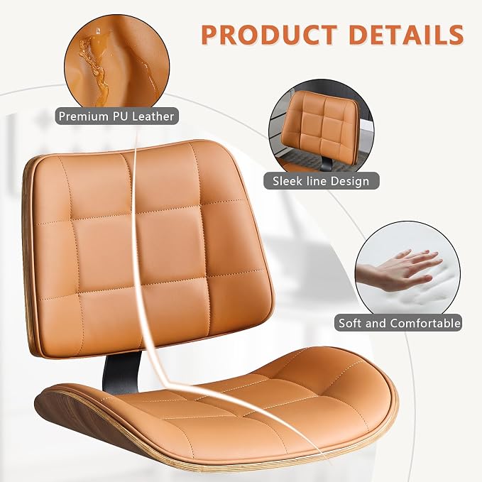 Home Office Desk Chair with Wheels, Adjustable Height Armless Office Chair, PU Leather Mid Back 360° Small Computer Chair, Modern Walnut Chair No Arms for Office, Reading Meeting Room(Brown)