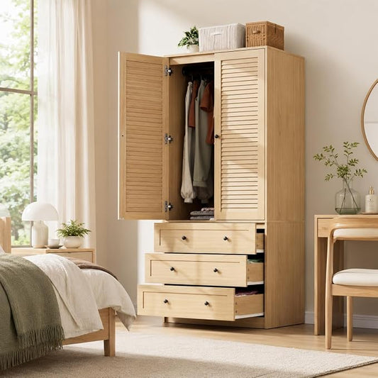Garvee 70" Wardrobe Armoire Wooden Closet with 2 Doors and 3 Drawers, Bedroom Armoire with Hanging Rod Shelf, Large Capacity Storage Wardrobe Armoire, Freestanding Wooden Closet Storage Cabinet