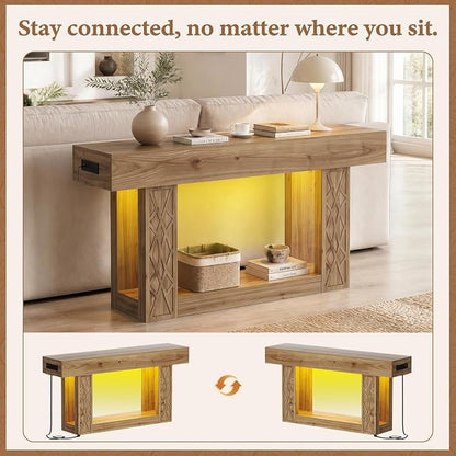 Unikito 63" Console Table with Outlets & LED Lights, Farmhouse Entryway Table with Unique Geometric Pattern, Sofa Table Behind Couch with 2-Tier Storage for Living Room, Hallway, Foyer, Natural Oak